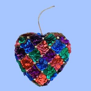 Multi-Color Harlequin Pattern Sequins and Beaded Heart Ornament